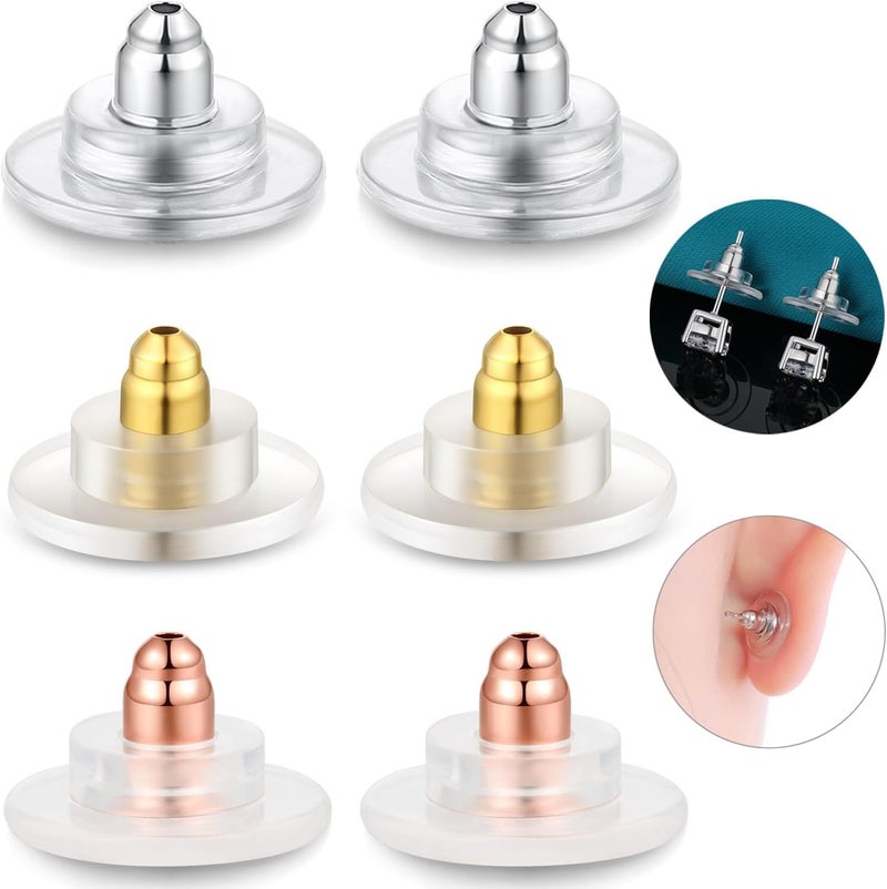 Catinee 3 Pairs Earring Backs,925 Sterling Silver Earring Backs for Studs,Rubber Earring Backs Replacements Fit 0.028-0.039inch Post(White+Gold+Rose) - Image 1